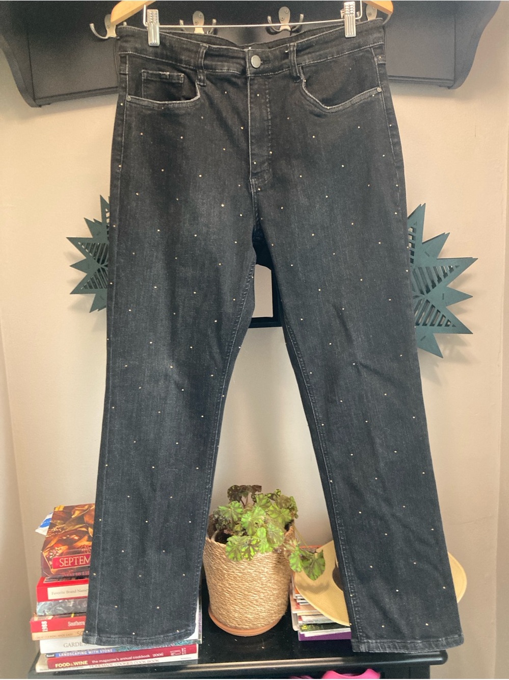 French Dressing Jeans.  US 16. Black with all over silver sparkles.  Soft cotton